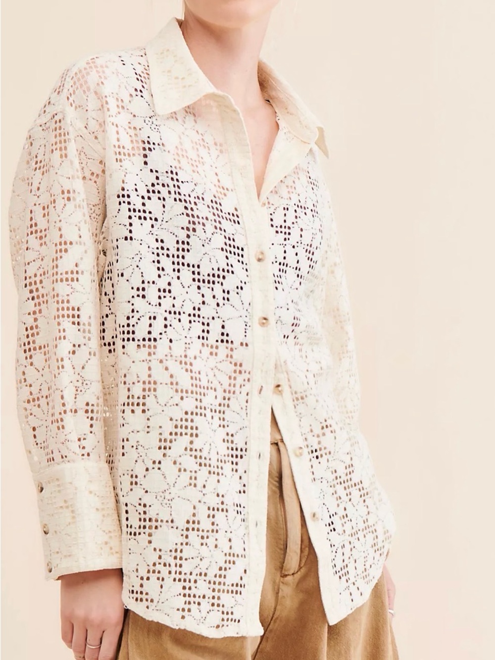 Free People Ivory Crochet Button-Down Shirt